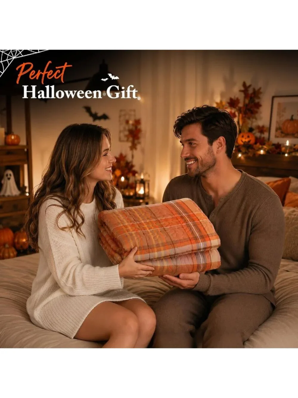 King Size Halloween Quilt Set - Orange Plaid Bedspread & 3-Piece Bedding Set